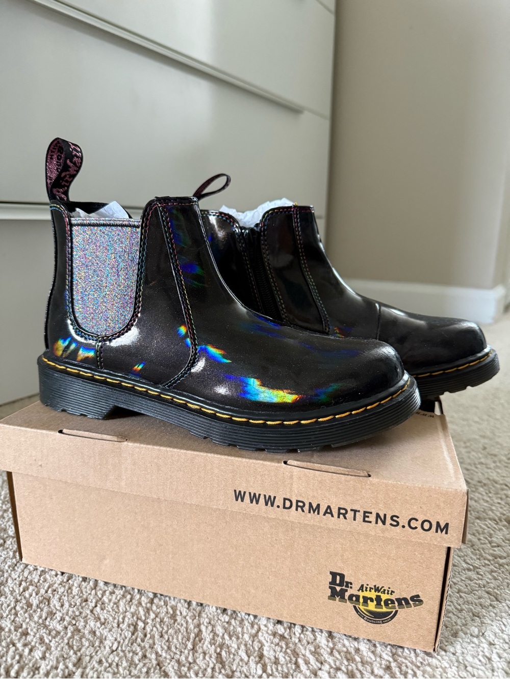 Dr. Martens Kids Black Holographic Chelsea Boots, size 5